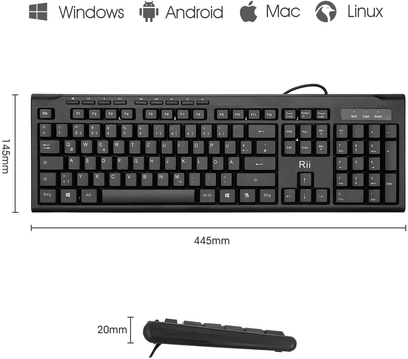 Klawiatura przewodowa biurowa Rii RK907 USB Mac PC Android QWERTZ