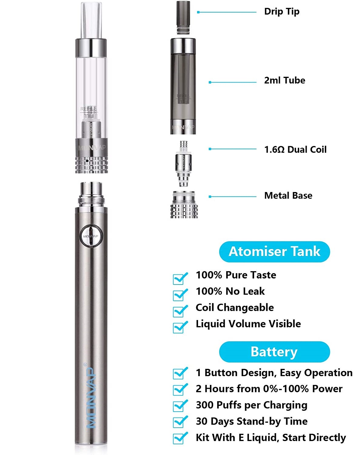 Vape Pen MONVAP M2 900mAh srebrny