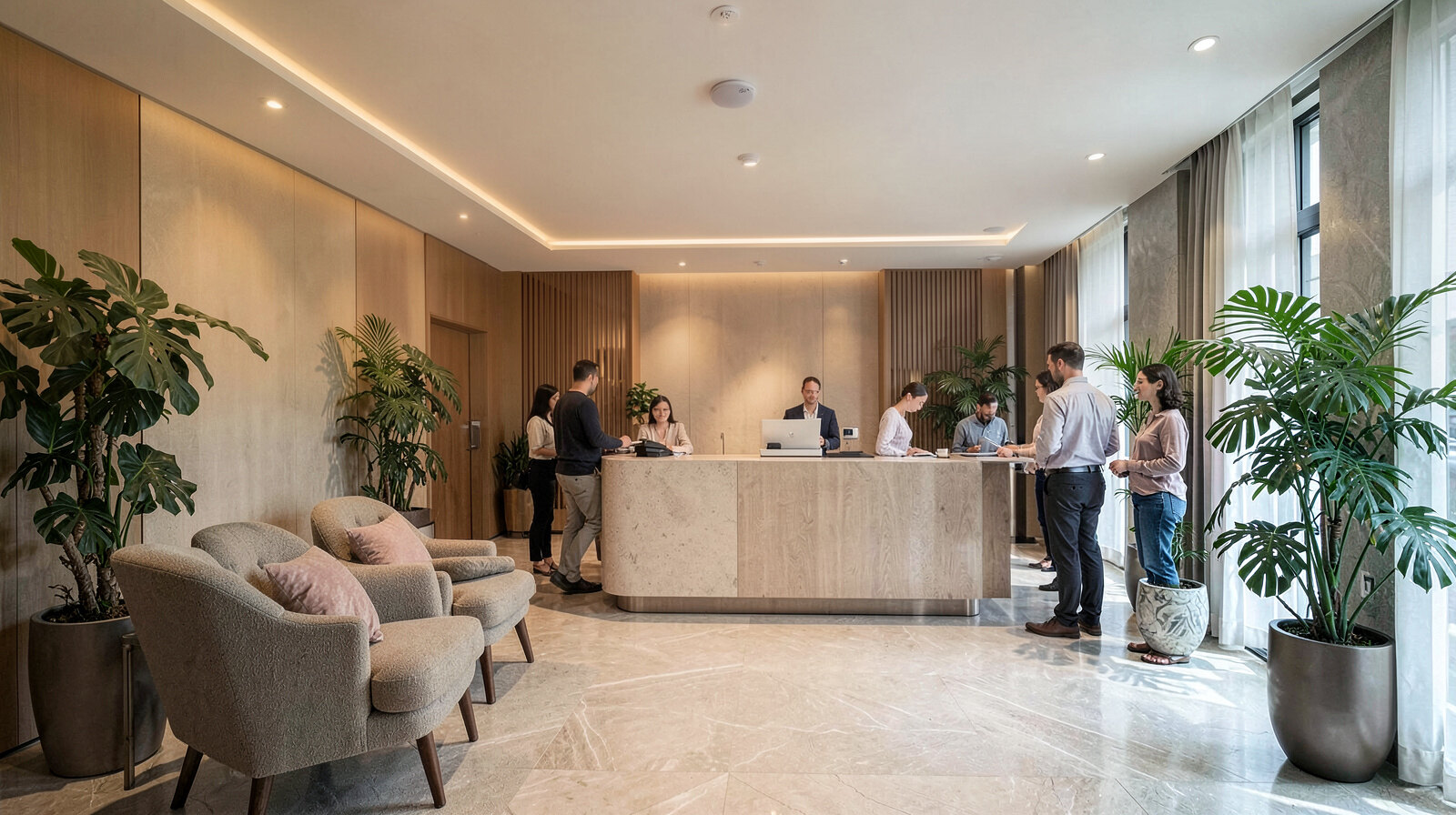 Spokojne lobby hotelu: recepcja, fotele, rośliny, miękkie światło, goście przy zameldowaniu, głośnik w suficie