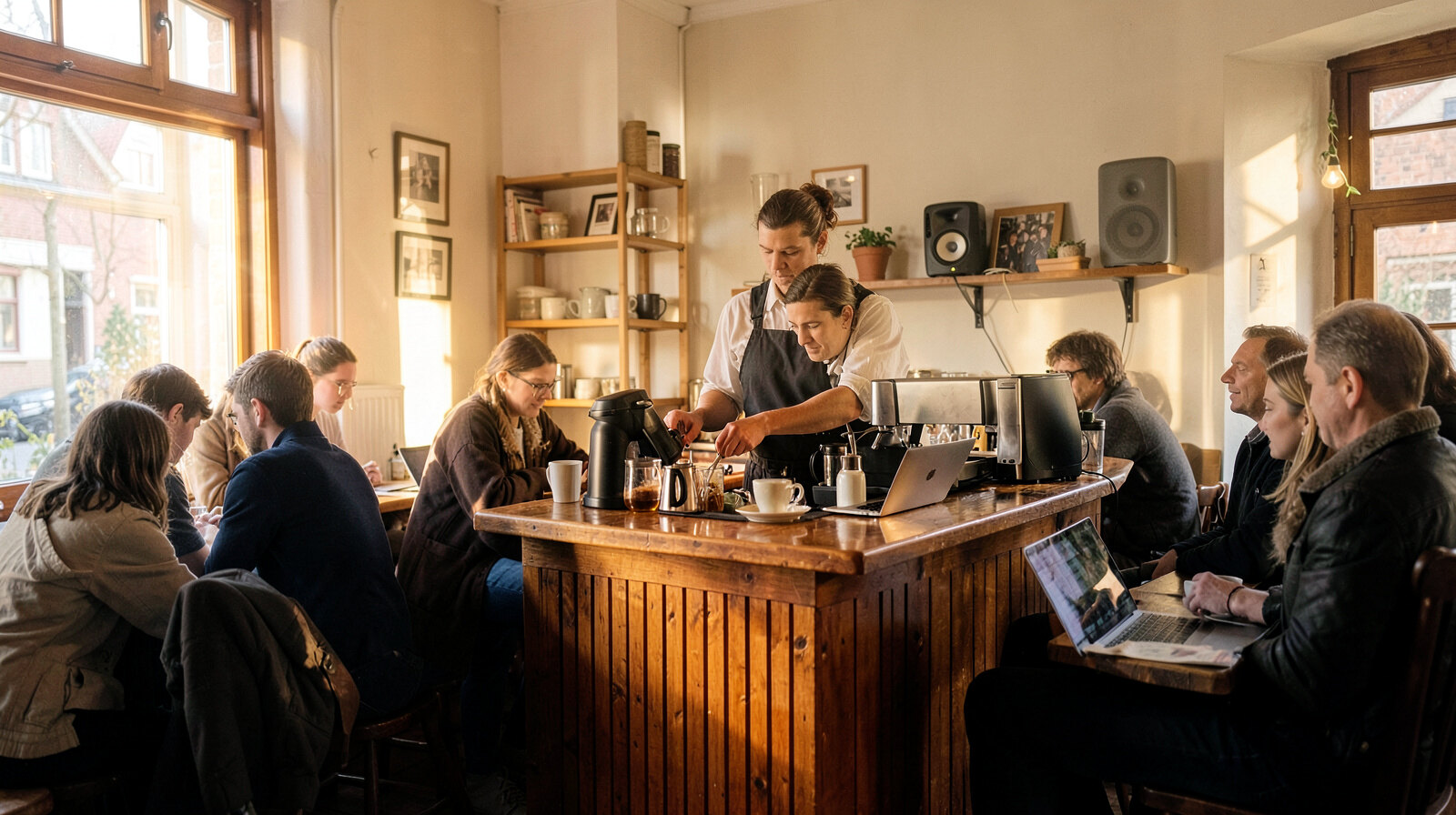Przytulna osiedlowa kawiarnia rano: barista przygotowuje espresso, mały głośnik na półce, goście z laptopami