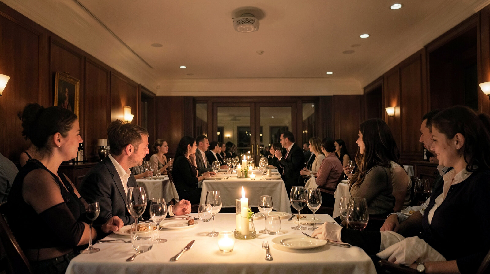 Elegancka sala restauracji wieczorem: świece, kieliszki wina, pary przy stolikach, głośnik w suficie