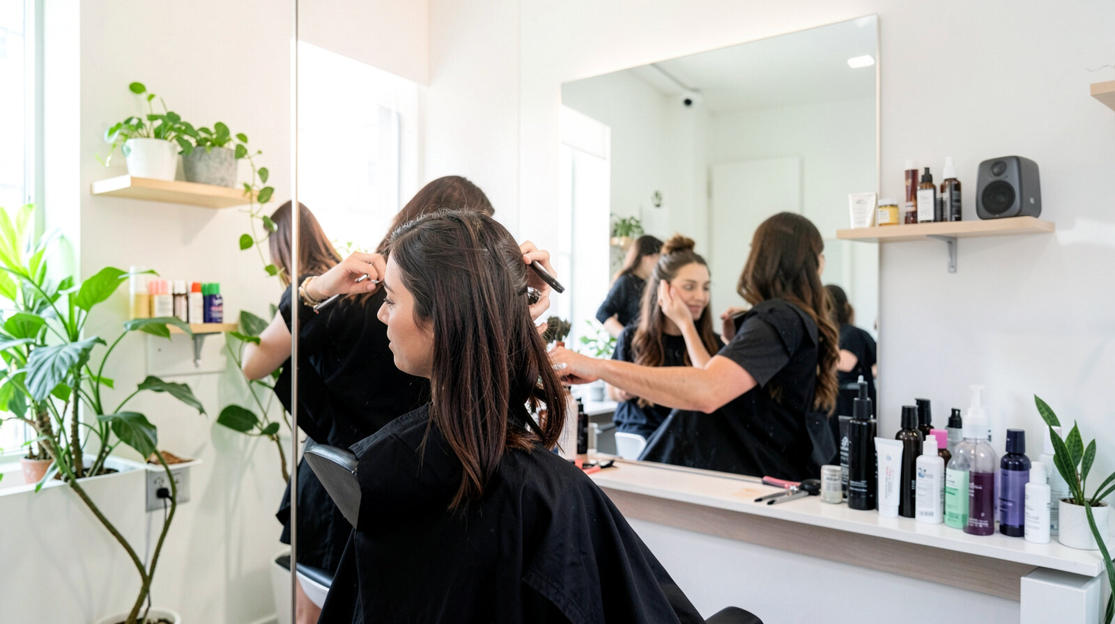 Jasny salon fryzjerski: fryzjerka strzyże klientkę przed dużym lustrem, rośliny, mały głośnik na półce