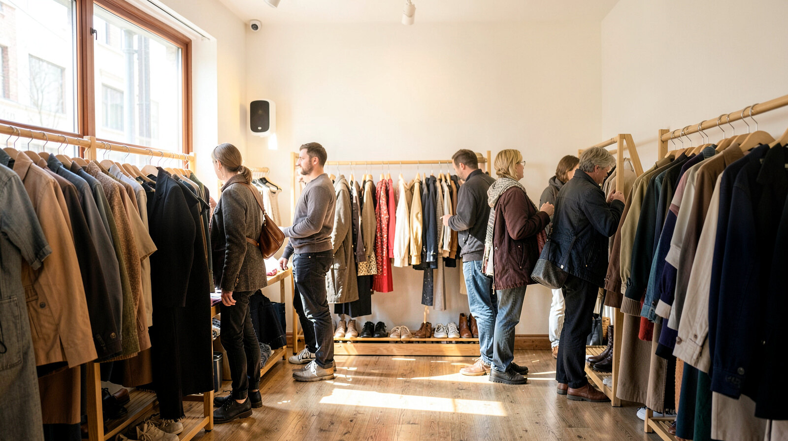 Mały butik odzieżowy: klienci przy wieszakach, kompaktowy głośnik na ścianie, światło z dużych okien