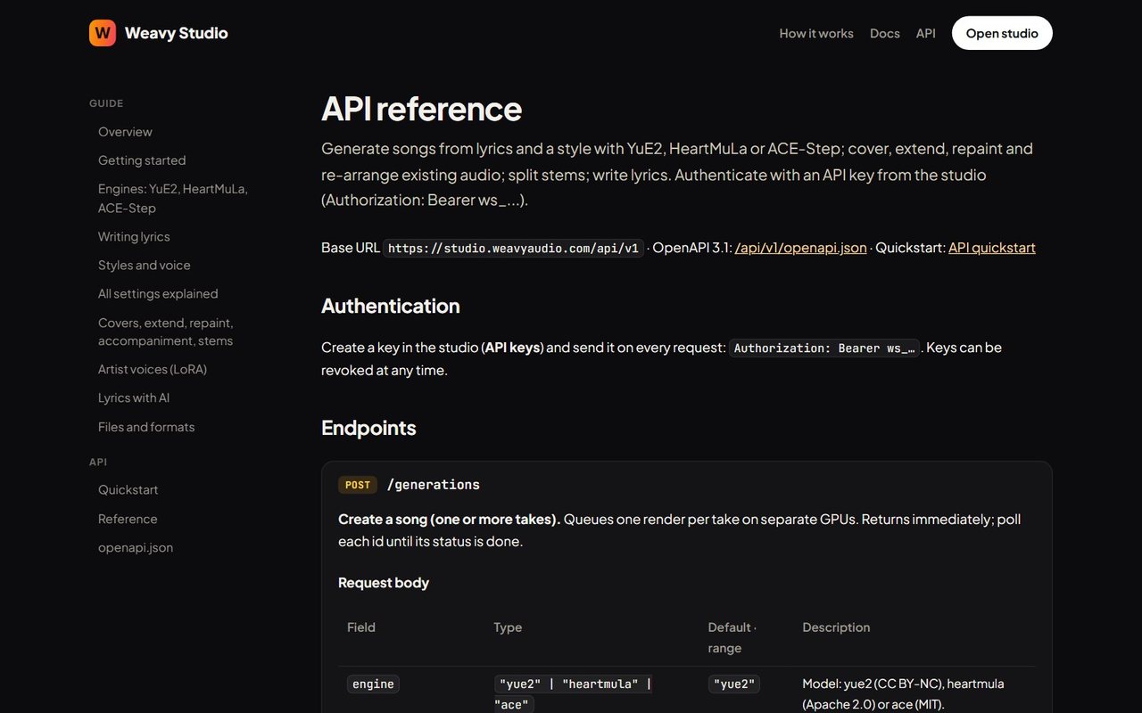 Dokumentacja API Weavy Studio z adresem bazowym, uwierzytelnianiem kluczem i endpointem generations