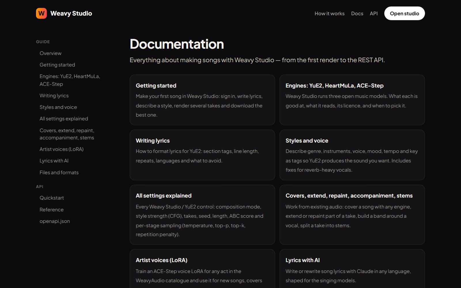 Dokumentacja Weavy Studio: menu Guide i API oraz kafelki Getting started, Engines, Writing lyrics, Styles and voice