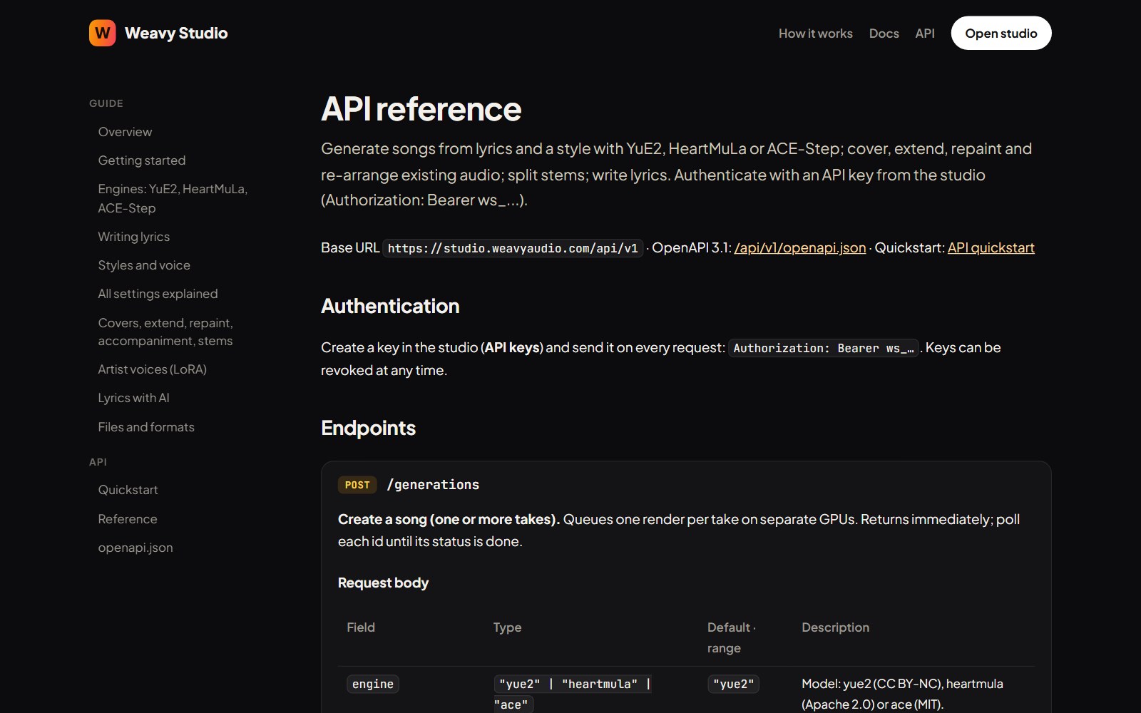 Dokumentacja API Weavy Studio: adres bazowy, uwierzytelnianie kluczem i endpoint POST generations