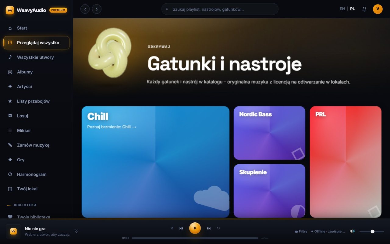 Strona Gatunki i nastroje w WeavyAudio z kafelkami Chill, Nordic Bass, Skupienie i PRL