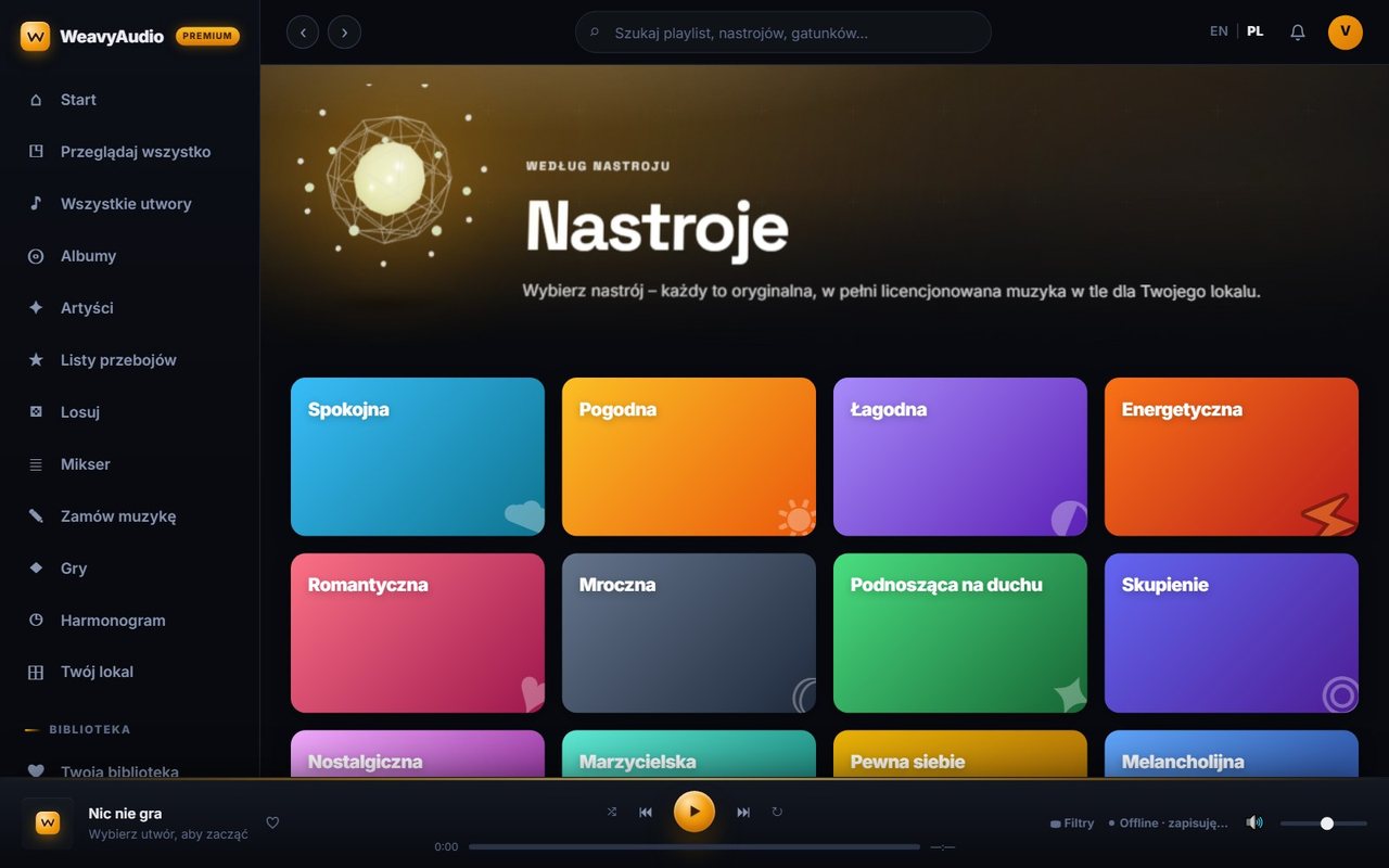 Strona Nastroje w WeavyAudio z kolorowymi kafelkami od Spokojnej po Melancholijną