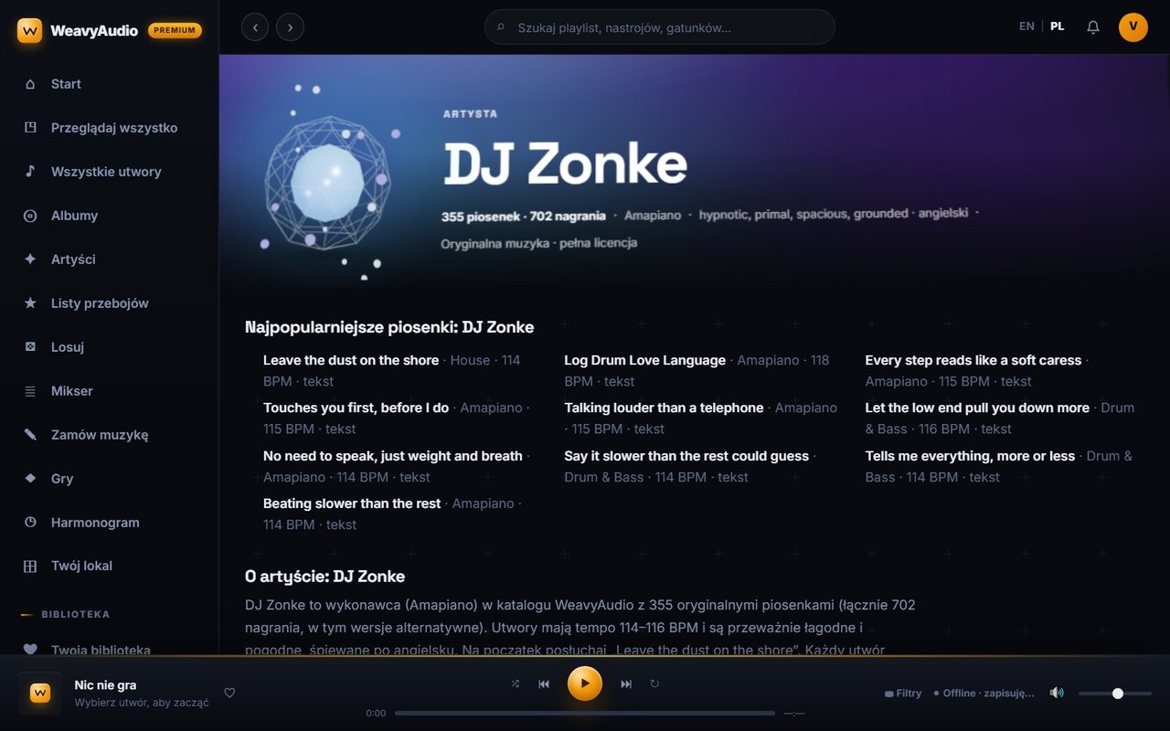 Strona wykonawcy DJ Zonke w WeavyAudio z najpopularniejszymi piosenkami, tempem BPM i opisem