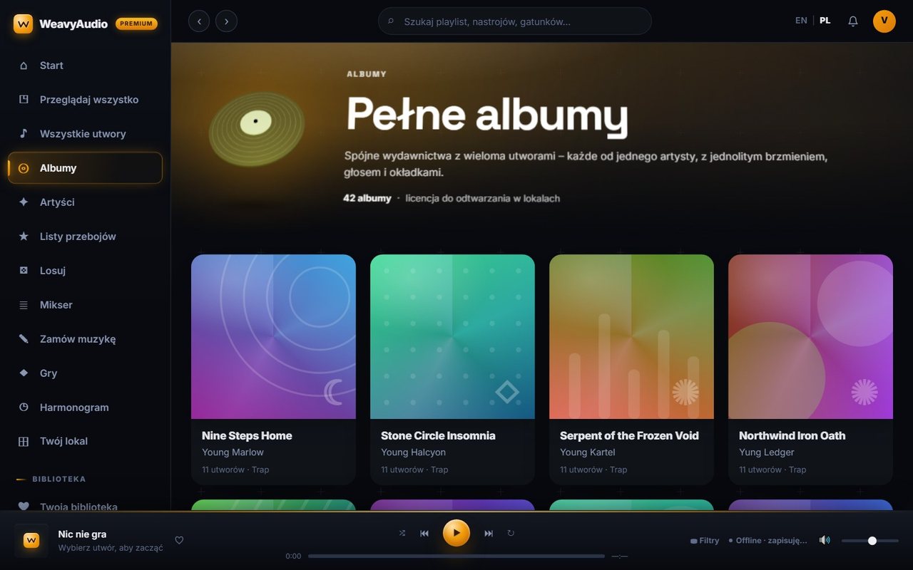 Zakładka Pełne albumy w WeavyAudio z okładkami, wykonawcami i liczbą utworów