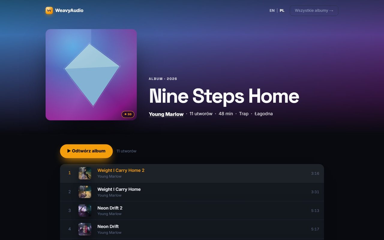 Strona albumu Nine Steps Home w WeavyAudio z okładką, przyciskiem Odtwórz album i listą utworów