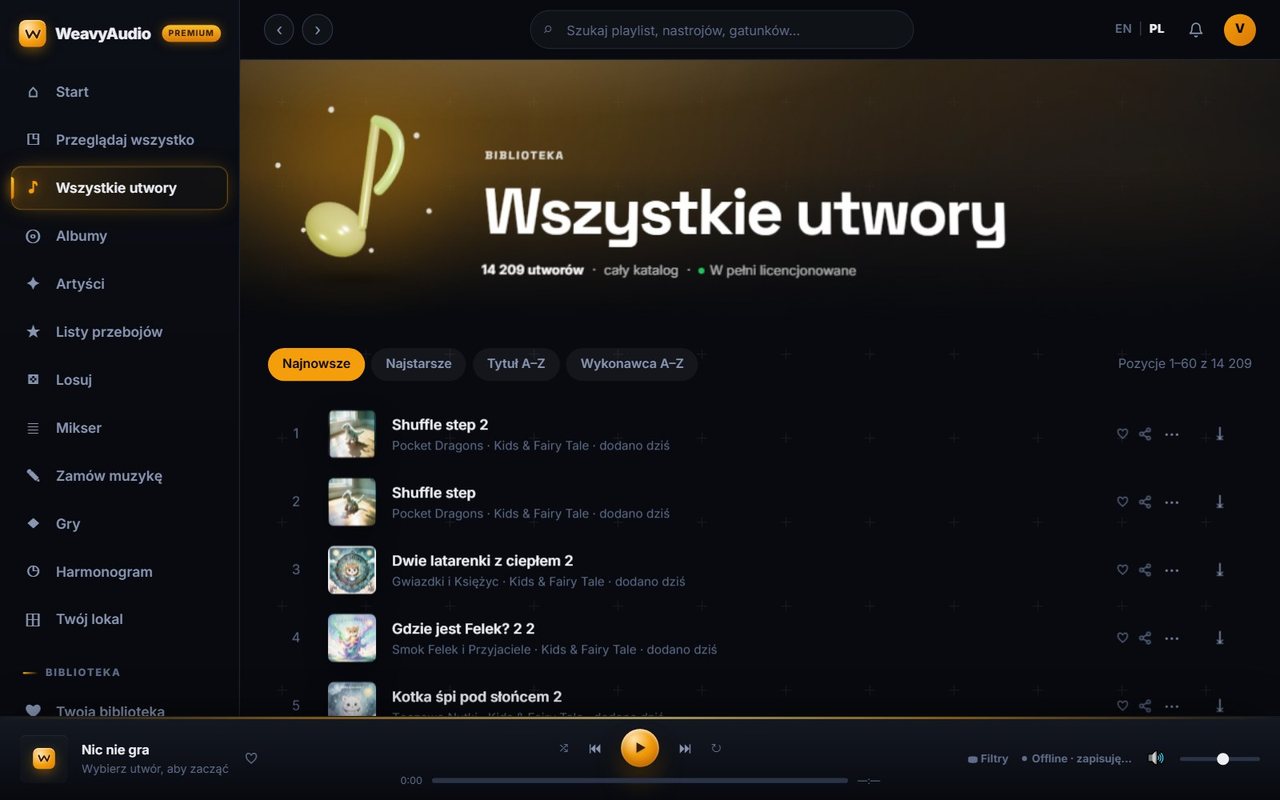 Zakładka Wszystkie utwory w WeavyAudio z przyciskami sortowania i listą nagrań
