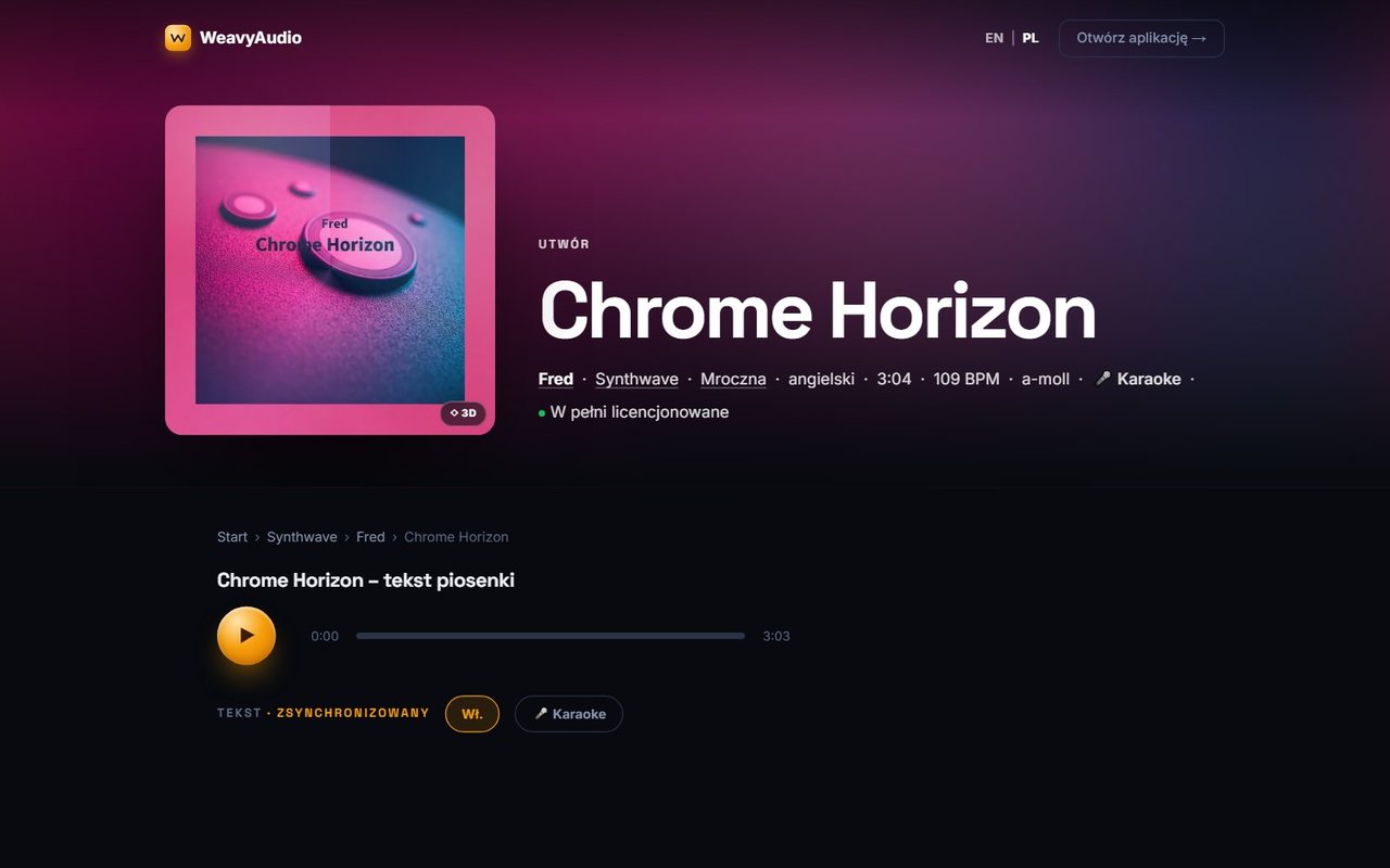 Strona utworu Chrome Horizon w WeavyAudio z tempem, tonacją, tekstem zsynchronizowanym i trybem Karaoke