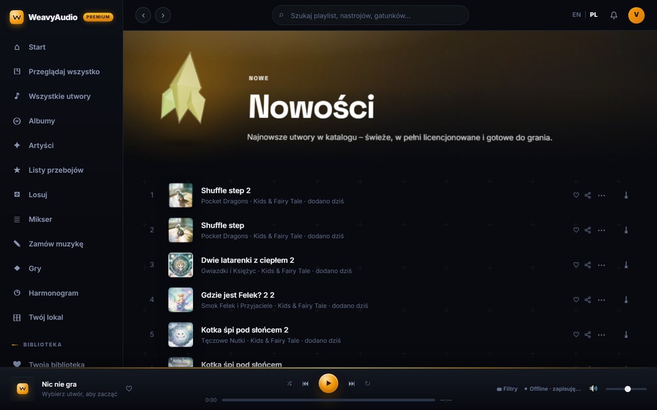 Lista Nowości w WeavyAudio z najnowszymi utworami oznaczonymi dopiskiem dodano dziś