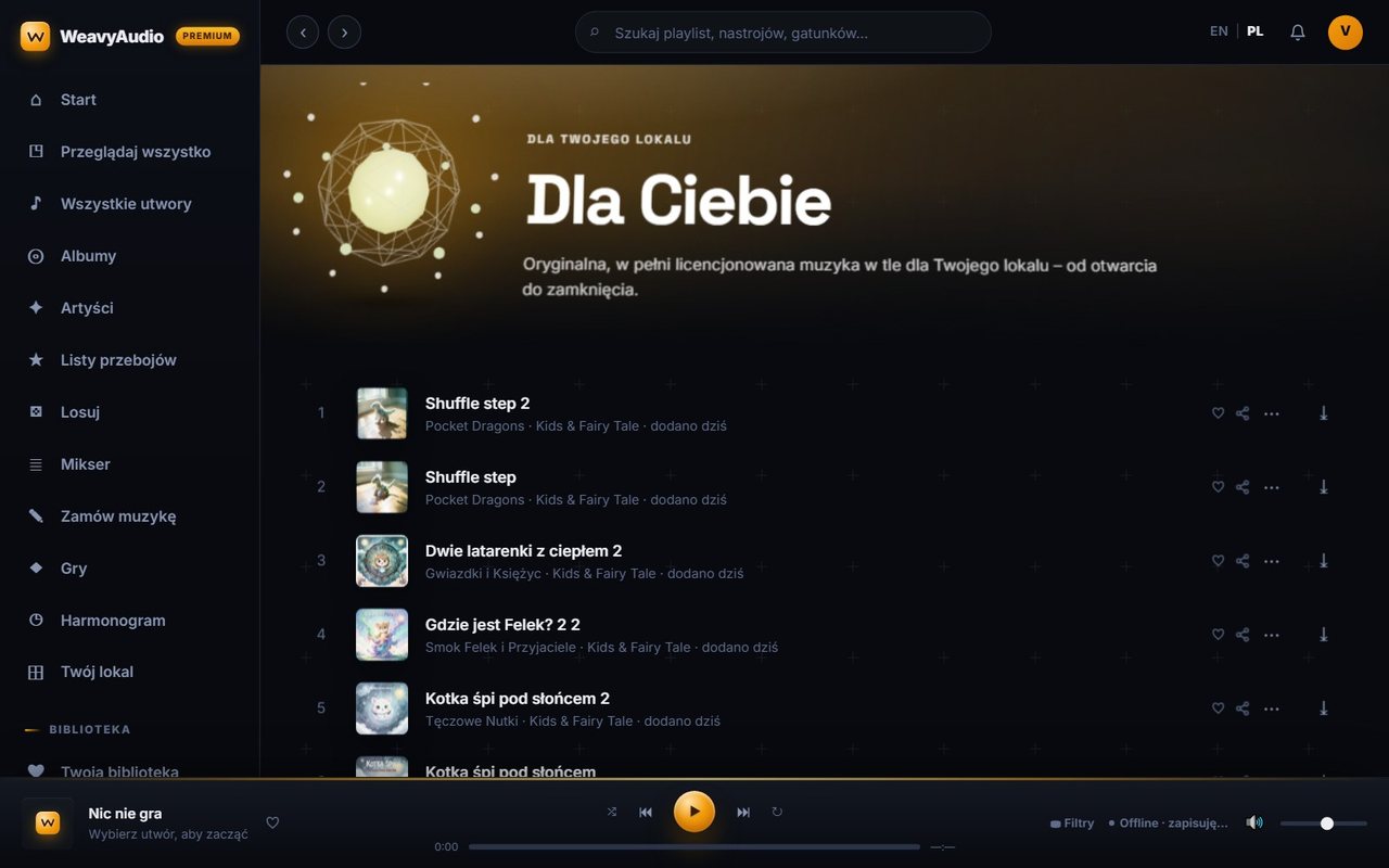 Sekcja Dla Ciebie w WeavyAudio z listą utworów na cały dzień pracy lokalu