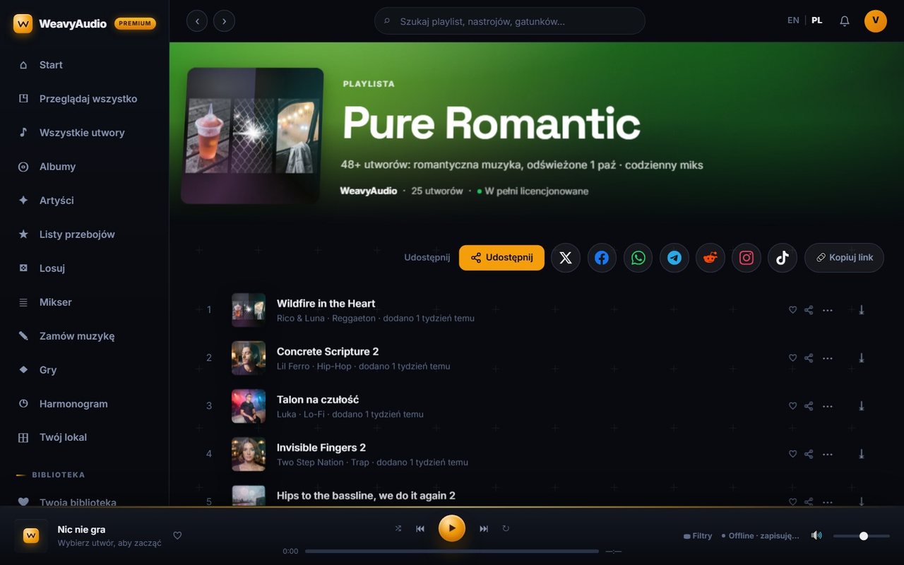 Strona playlisty Pure Romantic w WeavyAudio z przyciskami udostępniania i listą utworów