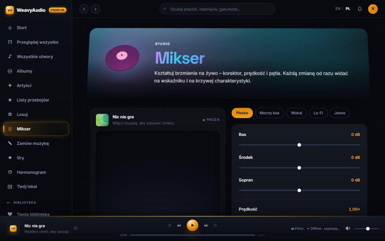 Mikser w WeavyAudio z gotowymi ustawieniami korektora i suwakami Bas, Środek i Sopran