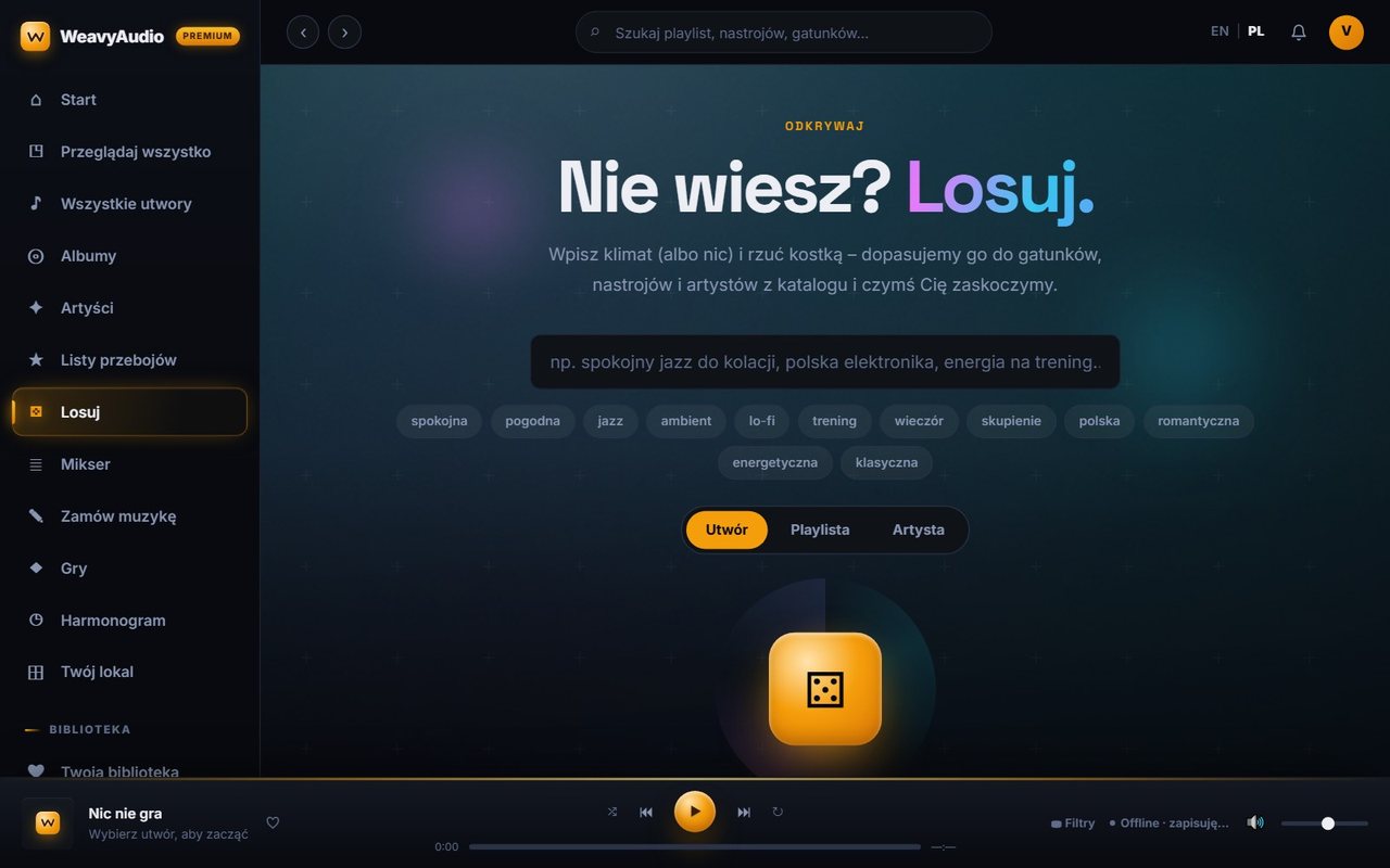 Funkcja Losuj w WeavyAudio z polem na opis klimatu, gotowymi hasłami i kostką do losowania