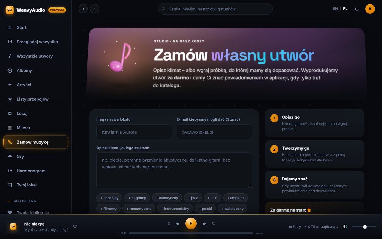 Formularz Zamów własny utwór w WeavyAudio z polem opisu klimatu i trzema krokami realizacji