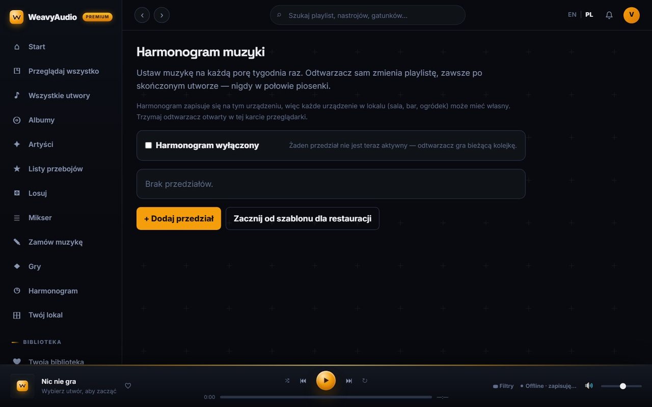 Ekran Harmonogram muzyki w WeavyAudio z przyciskiem Dodaj przedział i szablonem dla restauracji