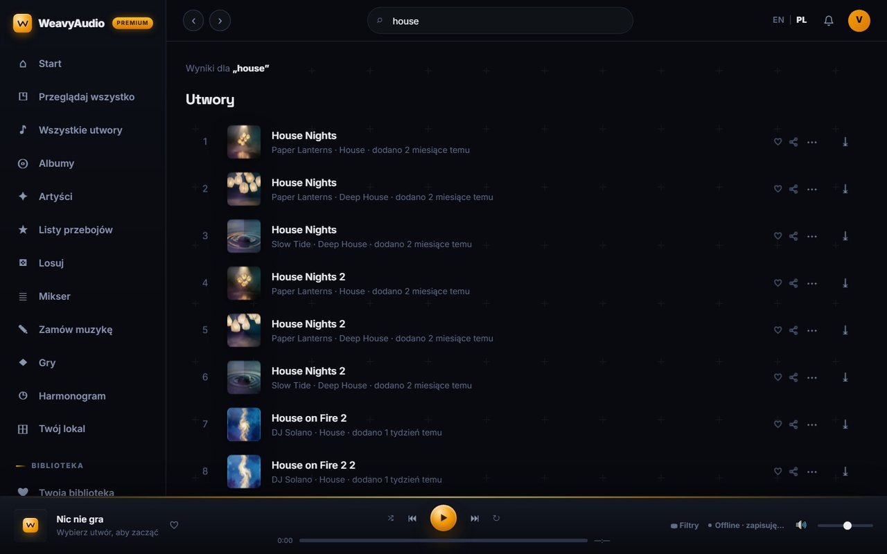 Wyniki wyszukiwania frazy house w WeavyAudio z listą utworów, wykonawcami i gatunkami