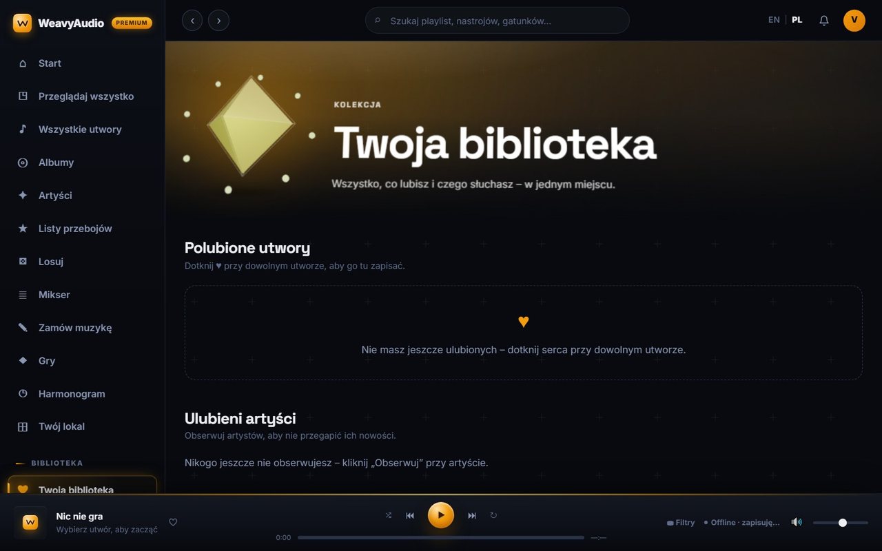 Twoja biblioteka w WeavyAudio z sekcjami Polubione utwory i Ulubieni artyści