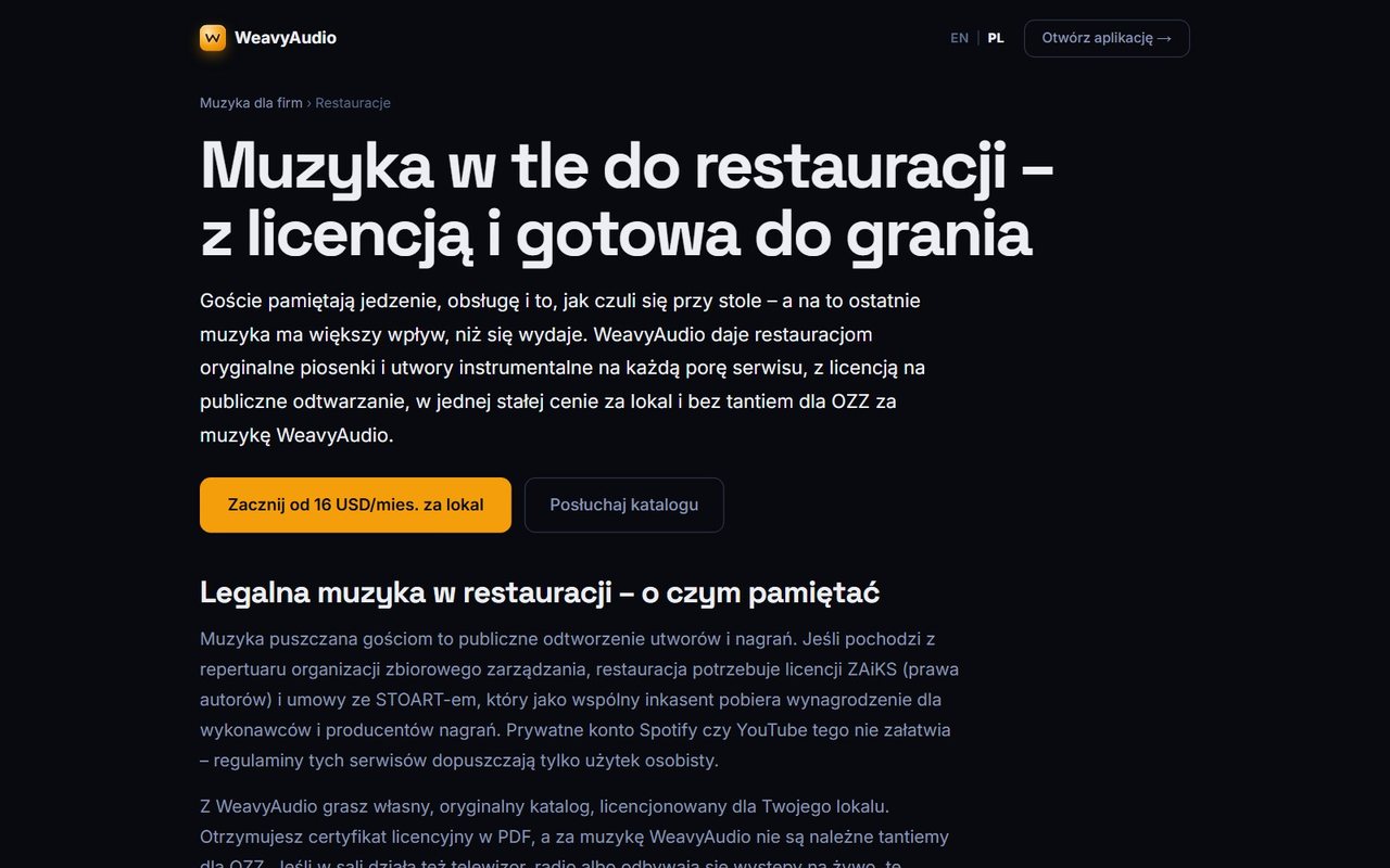 Przewodnik Muzyka w tle do restauracji w WeavyAudio z częścią o legalnej muzyce w lokalu