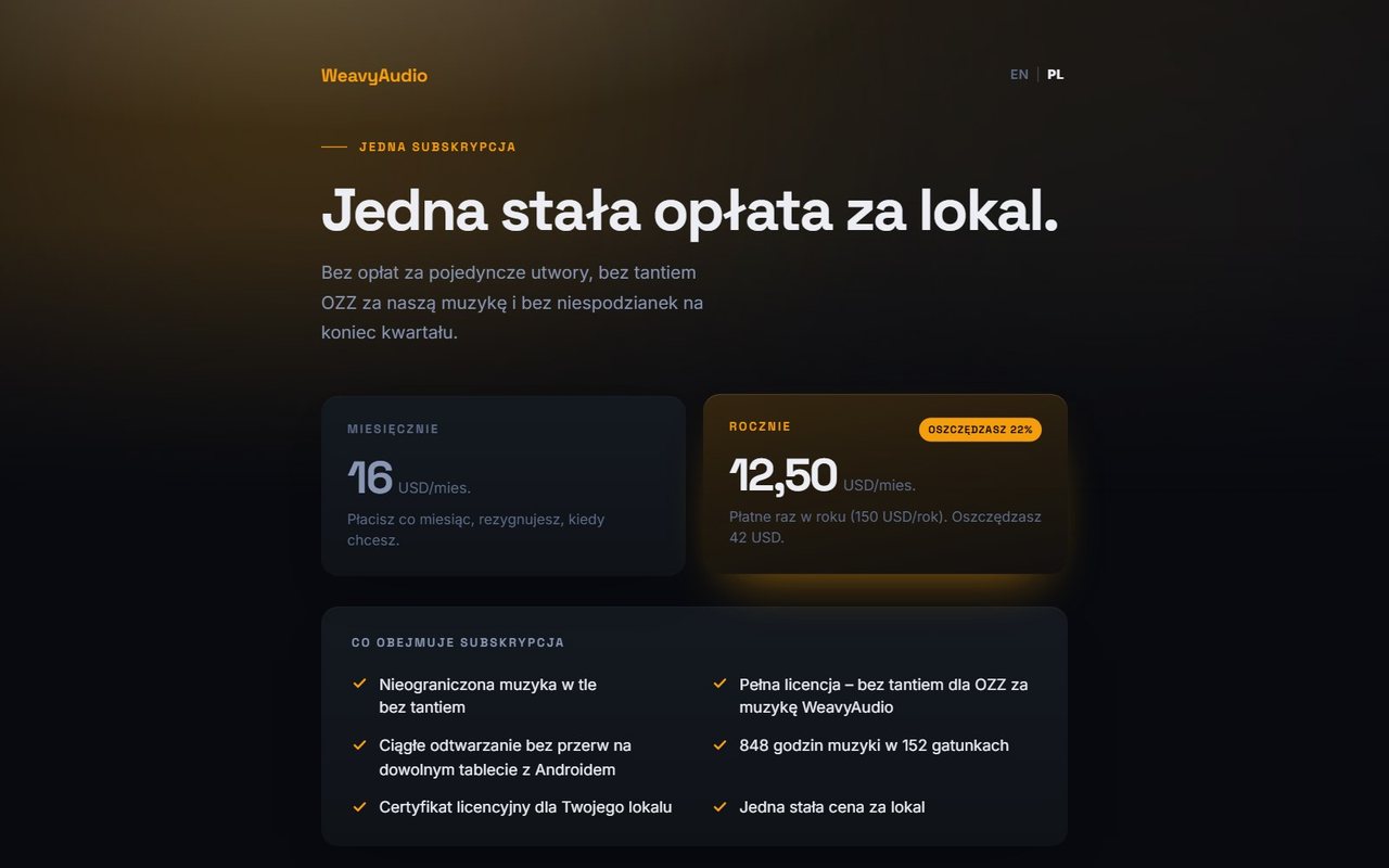 Strona subskrypcji WeavyAudio z planem miesięcznym 16 USD i rocznym 12,50 USD miesięcznie