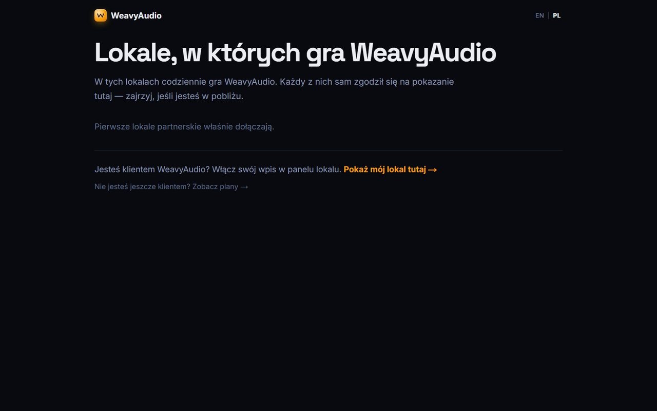 Strona Lokale, w których gra WeavyAudio z odnośnikiem Pokaż mój lokal tutaj