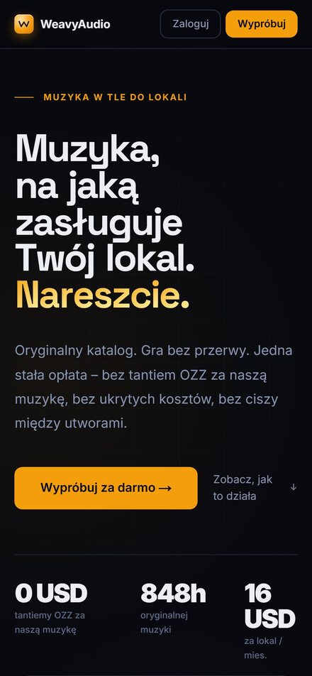 Mobilna wersja strony głównej WeavyAudio z przyciskiem Wypróbuj za darmo i ceną za lokal