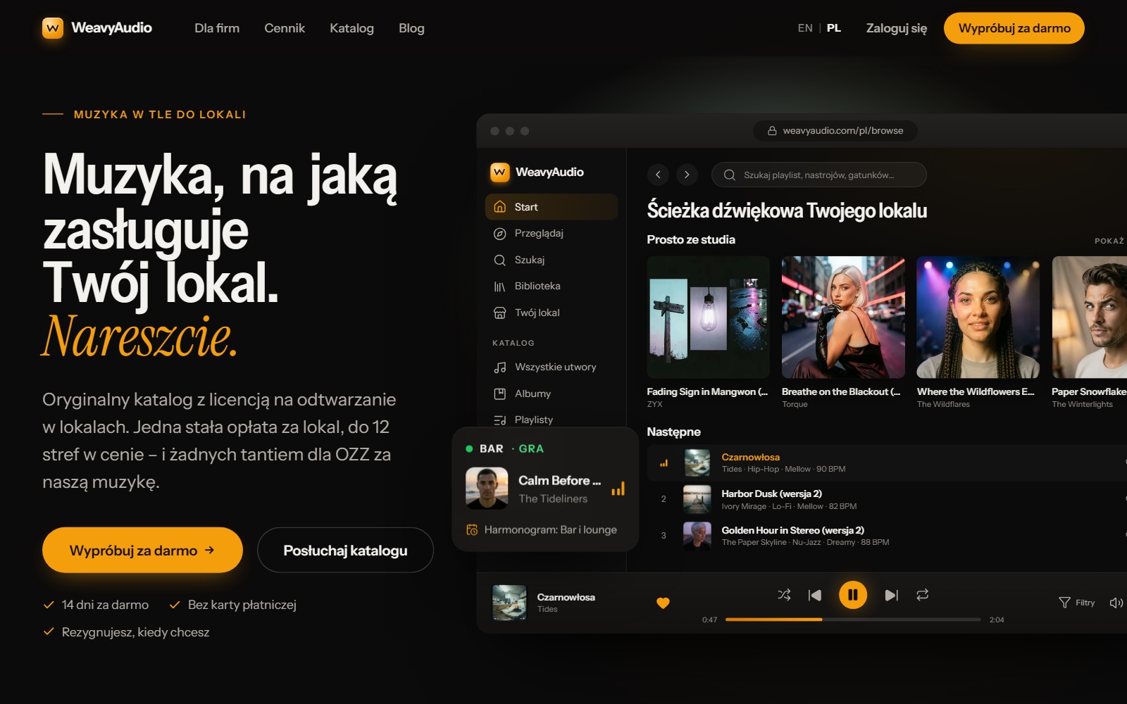 Nowa strona główna WeavyAudio: hasło dla lokali, przycisk Wypróbuj za darmo i okno z ekranem aplikacji