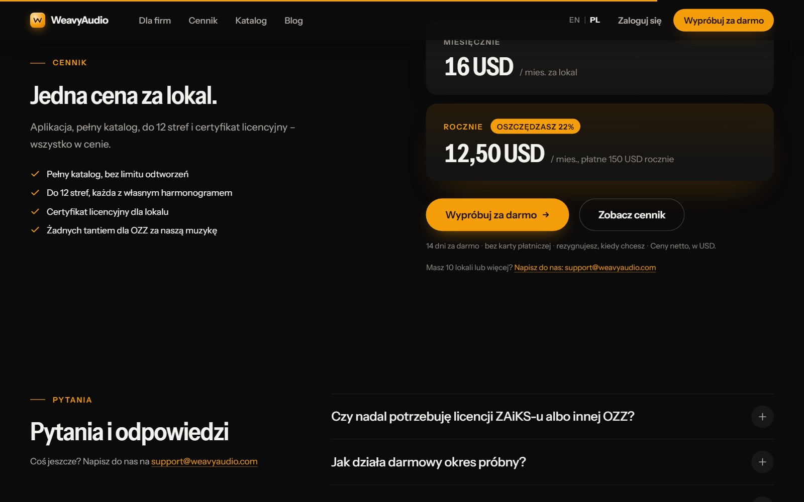 Sekcja Cennik na stronie głównej WeavyAudio: 16 USD miesięcznie, plan roczny 12,50 USD i przyciski Wypróbuj za darmo