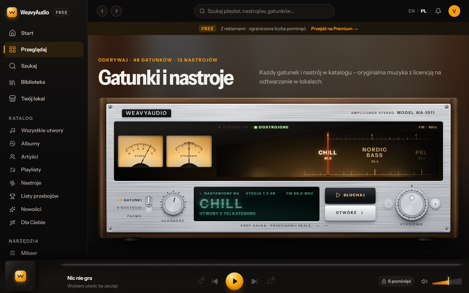 Nowa strona Gatunki i nastroje w WeavyAudio jako radio z pokrętłem strojenia, ustawione na stację Chill