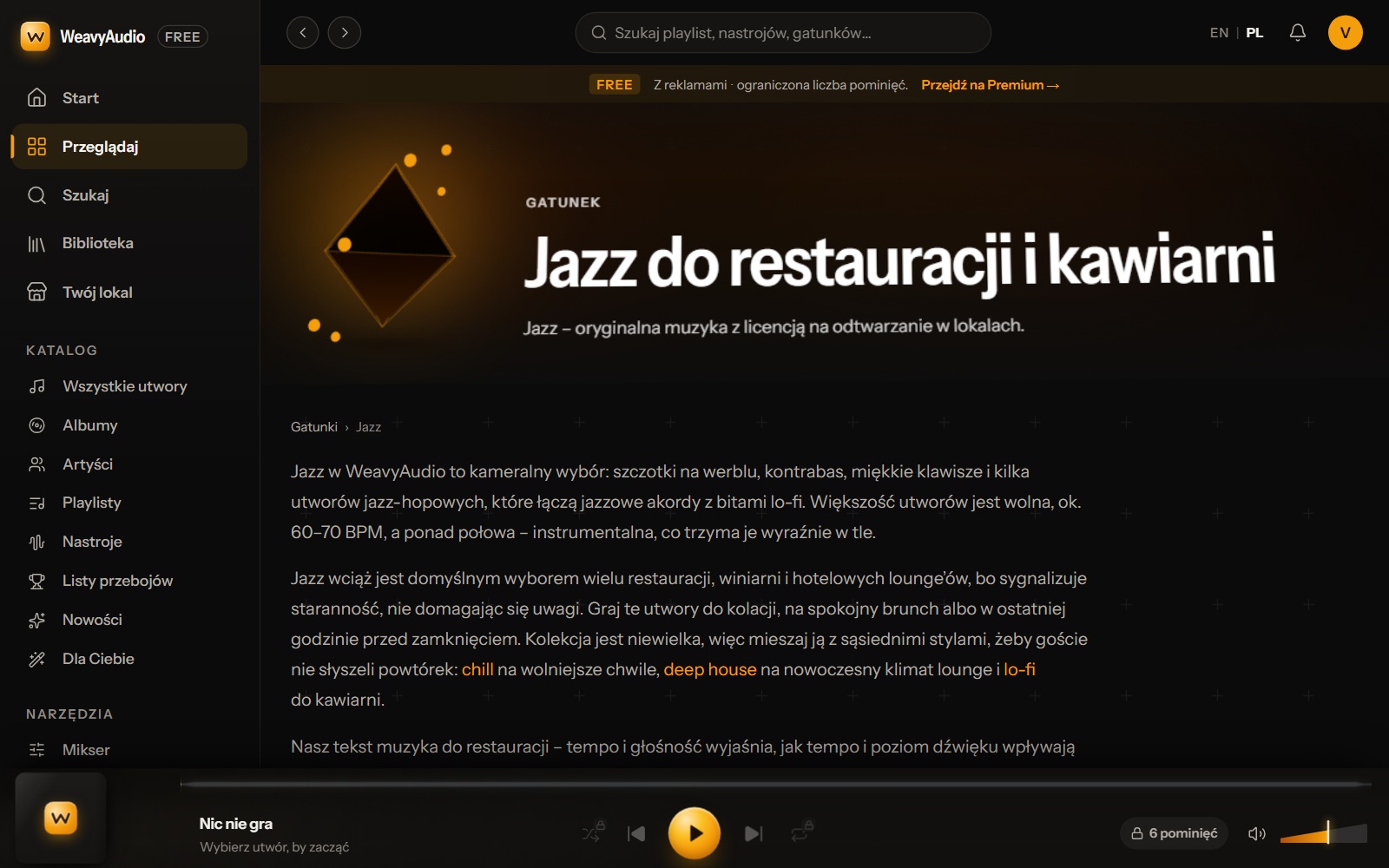 Strona gatunku Jazz do restauracji i kawiarni w WeavyAudio z opisem stylu i odnośnikami do sąsiednich gatunków