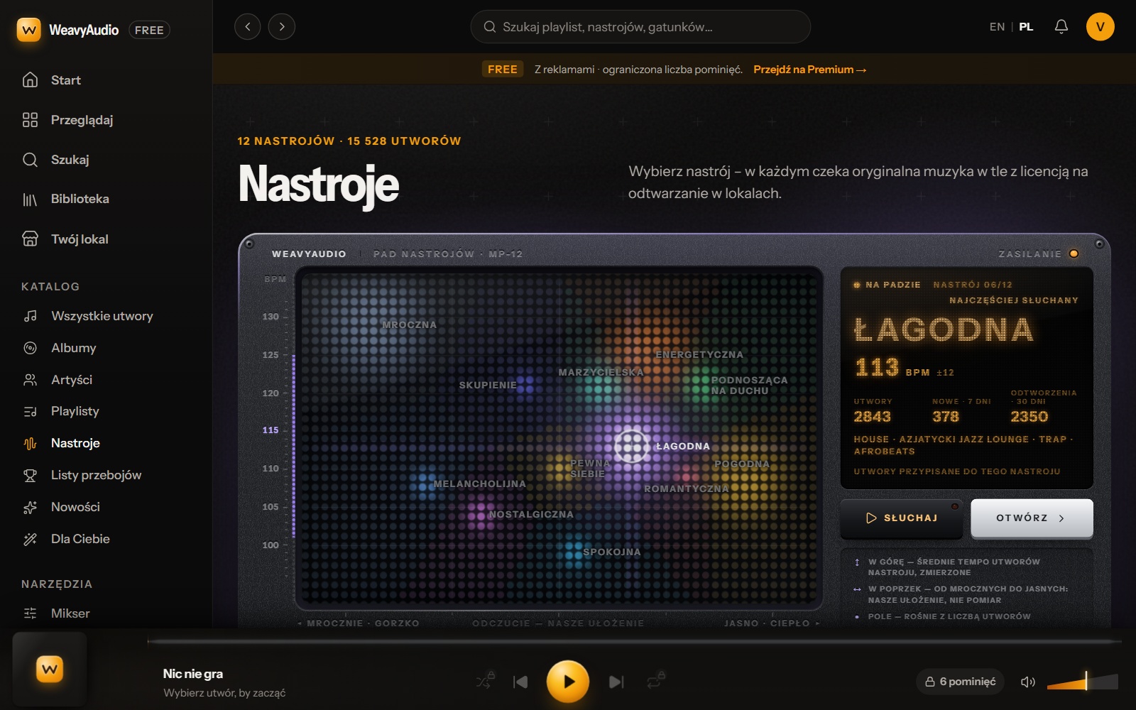 Nowa strona Nastroje w WeavyAudio jako pad z diodami, tempo w BPM w pionie, wybrany nastrój Łagodna