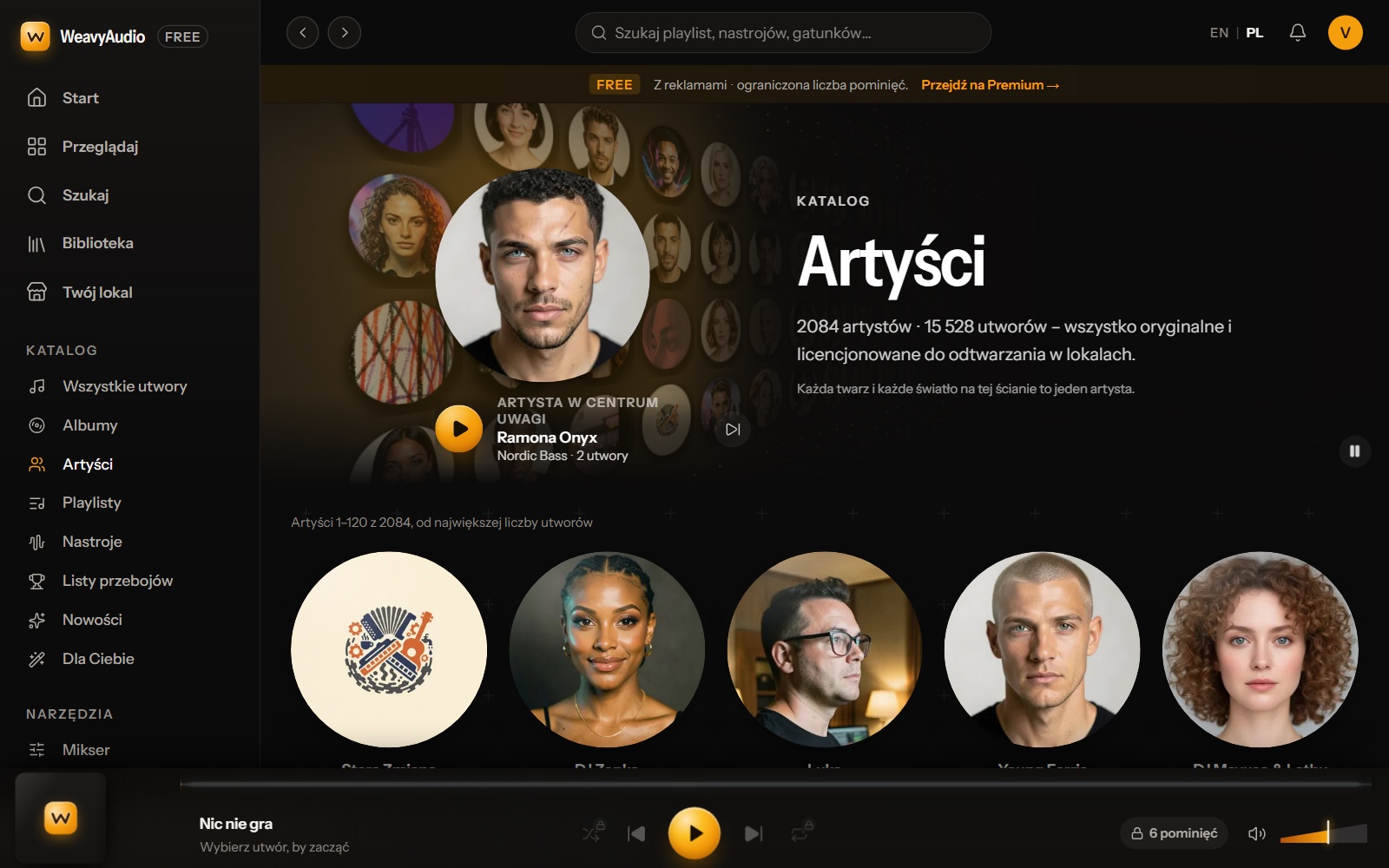 Dział Artyści w WeavyAudio: ściana okrągłych portretów, wyróżniony artysta i początek listy wykonawców