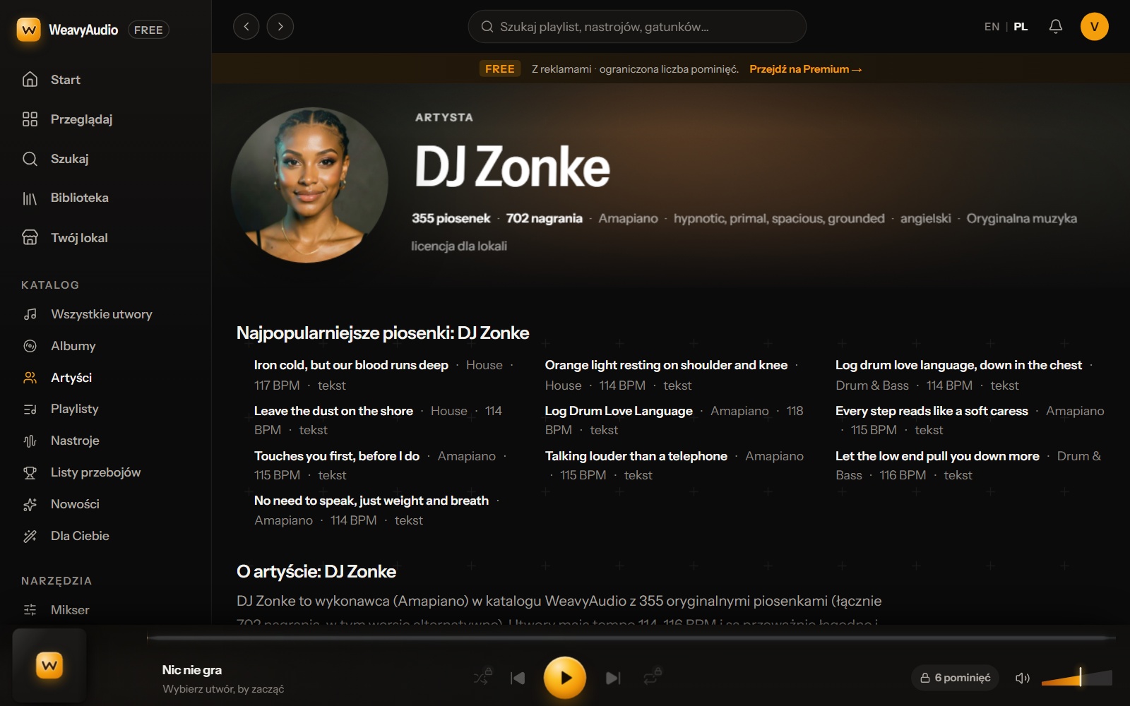 Strona wykonawcy DJ Zonke w WeavyAudio z liczbą piosenek, najpopularniejszymi utworami i opisem