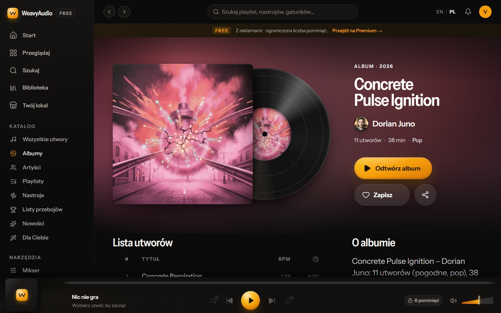 Strona albumu Concrete Pulse Ignition w WeavyAudio z okładką, płytą oraz przyciskami Odtwórz album i Zapisz