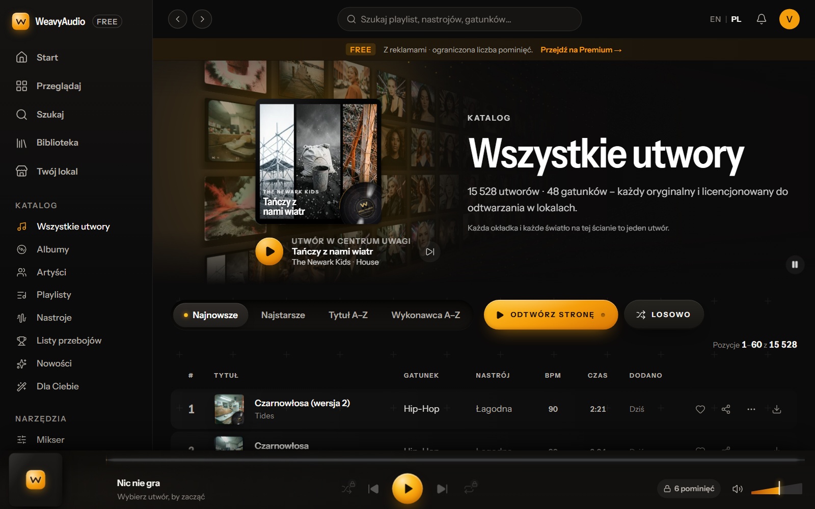 Dział Wszystkie utwory w WeavyAudio z przyciskami sortowania i początkiem tabeli z gatunkiem, nastrojem i BPM