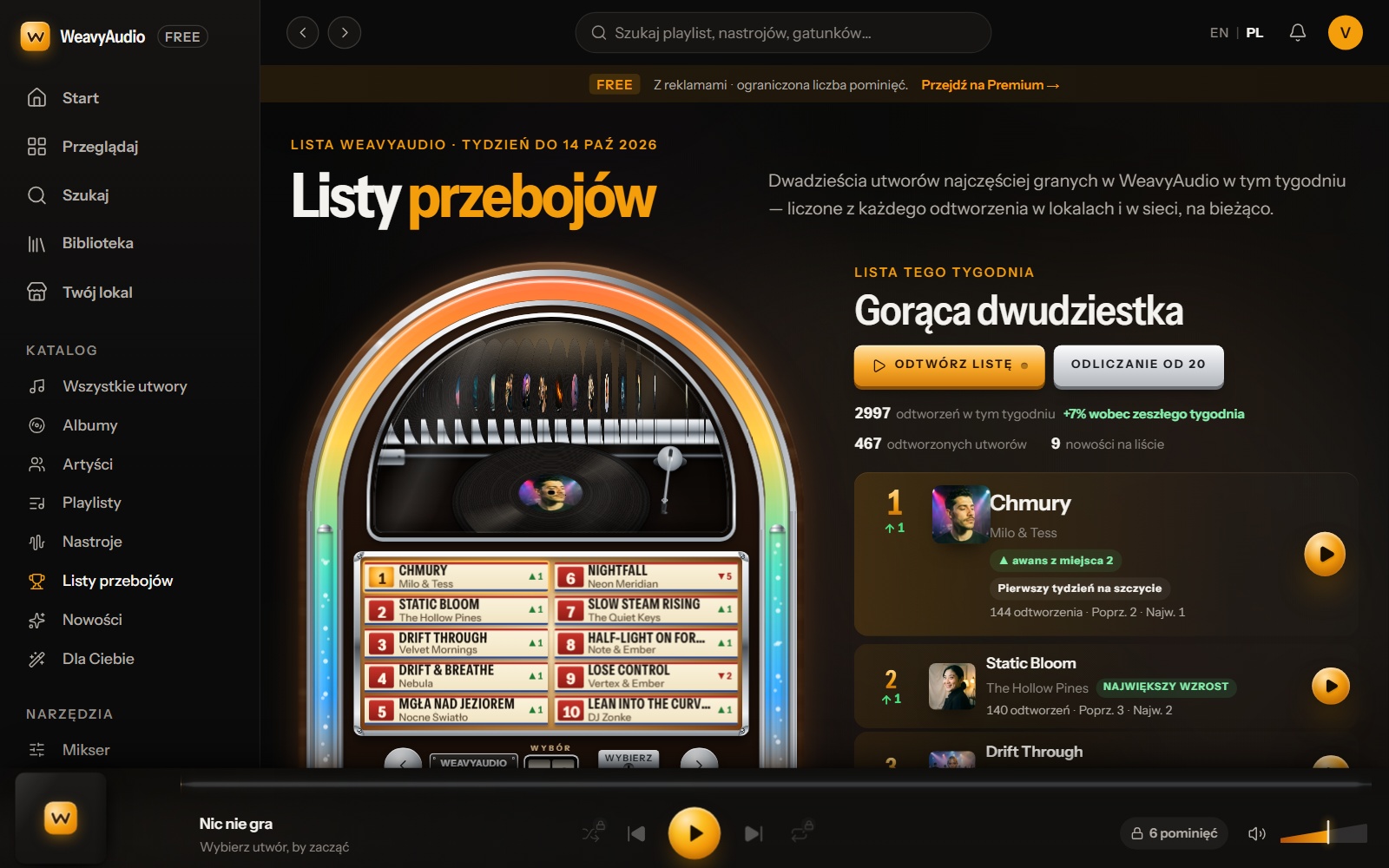 Listy przebojów w WeavyAudio: grafika szafy grającej i lista Gorąca dwudziestka z miejscem pierwszym