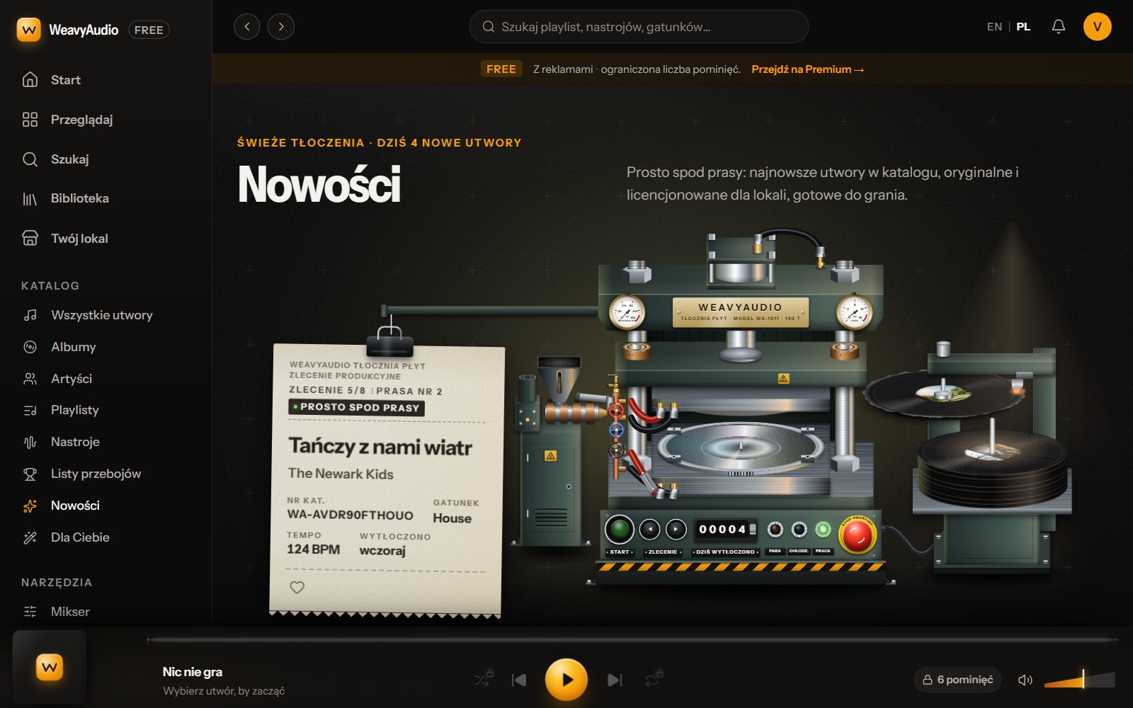 Strona Nowości w WeavyAudio: tłocznia płyt, zlecenie produkcyjne z nowym utworem i licznik dzisiejszych nowości
