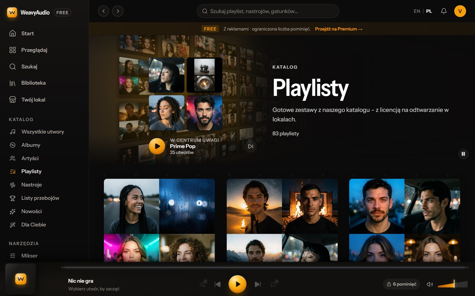 Strona Playlisty w nowym WeavyAudio: boczne menu, nagłówek z licznikiem 83 playlist i mozaiki okładek