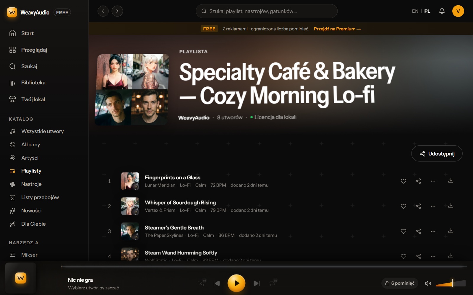 Playlista Specialty Café & Bakery w WeavyAudio: mozaika okładek, przycisk Udostępnij i lista utworów z tempem w BPM