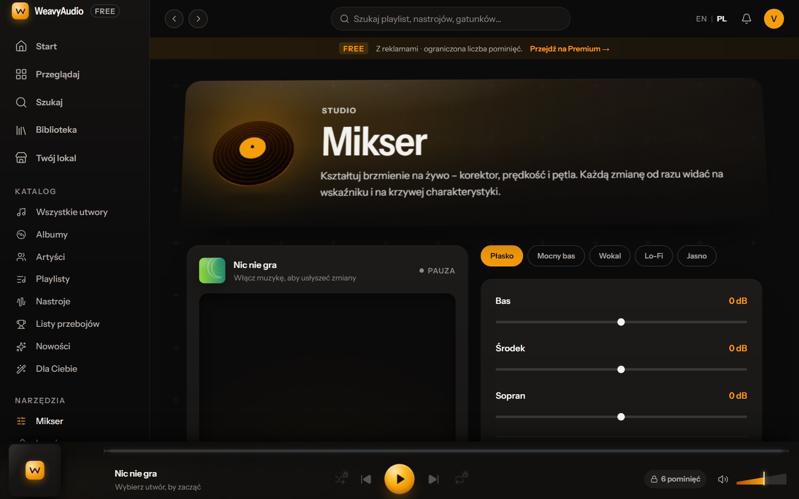 Nowy mikser WeavyAudio z bursztynowym banerem, ustawieniami korektora i suwakami Bas, Środek, Sopran