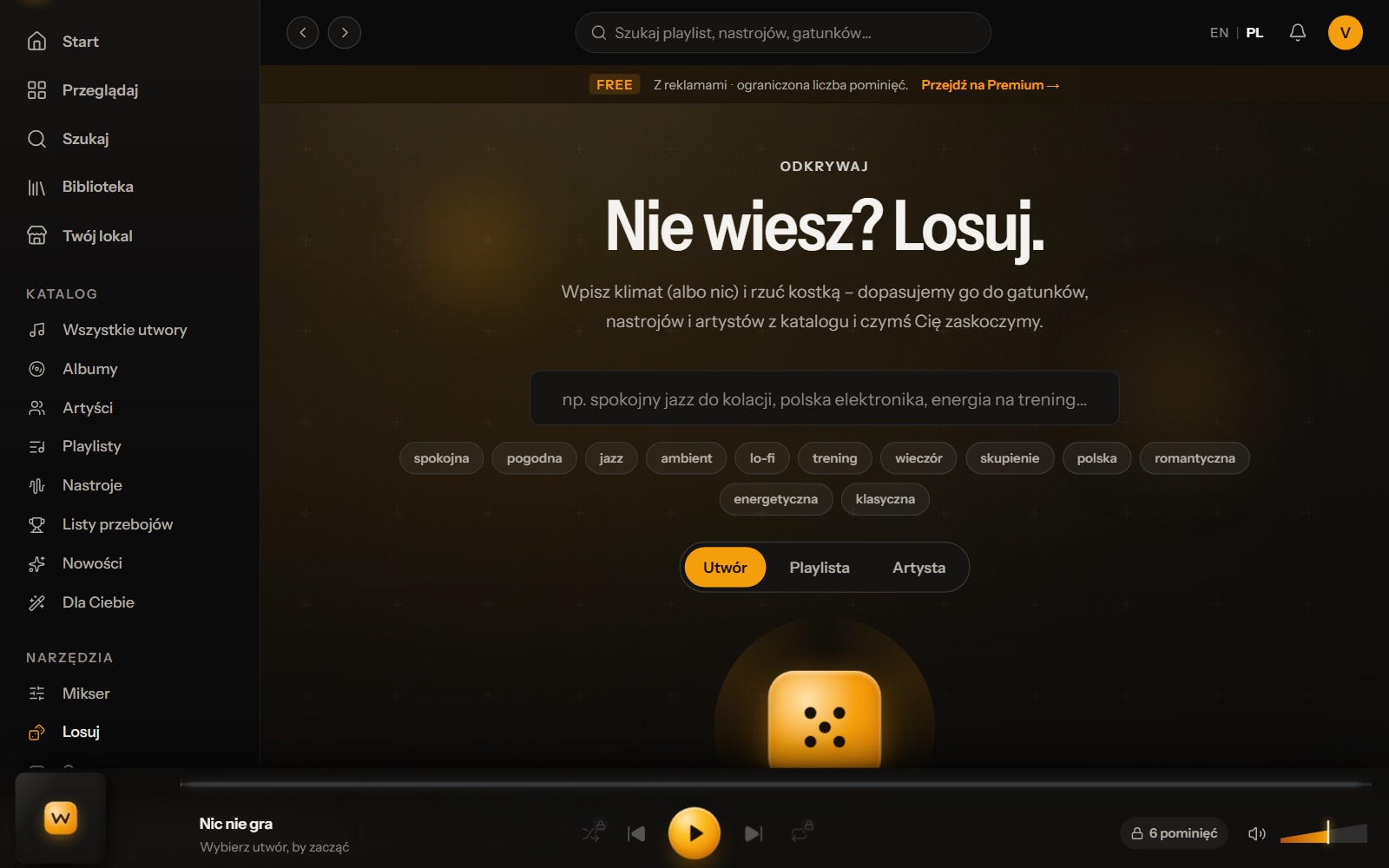 Ekran Losuj w WeavyAudio z polem klimatu, gotowymi hasłami, wyborem Utwór Playlista Artysta i kostką