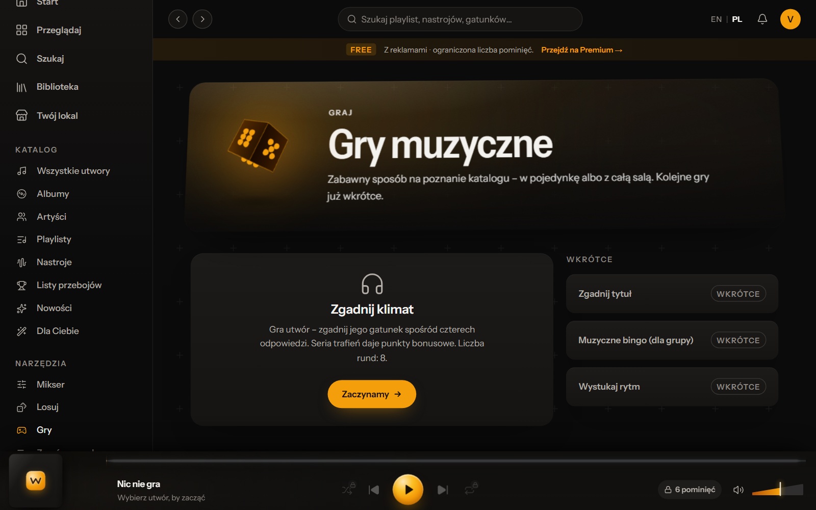 Gry muzyczne w WeavyAudio: karta Zgadnij klimat z przyciskiem Zaczynamy i trzy gry oznaczone Wkrótce
