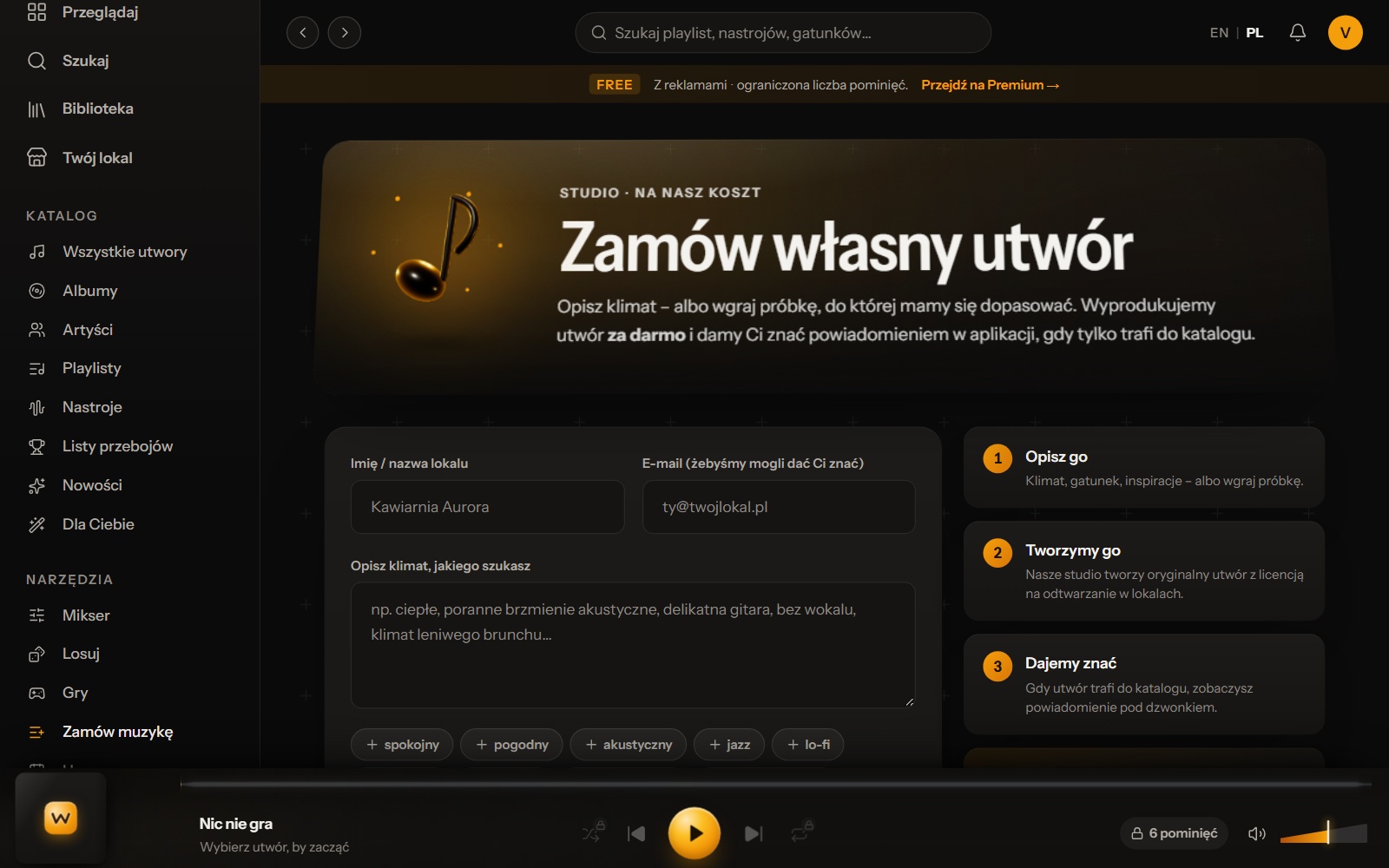 Formularz Zamów własny utwór w WeavyAudio z polami nazwy lokalu, e-maila i opisu klimatu oraz trzema krokami