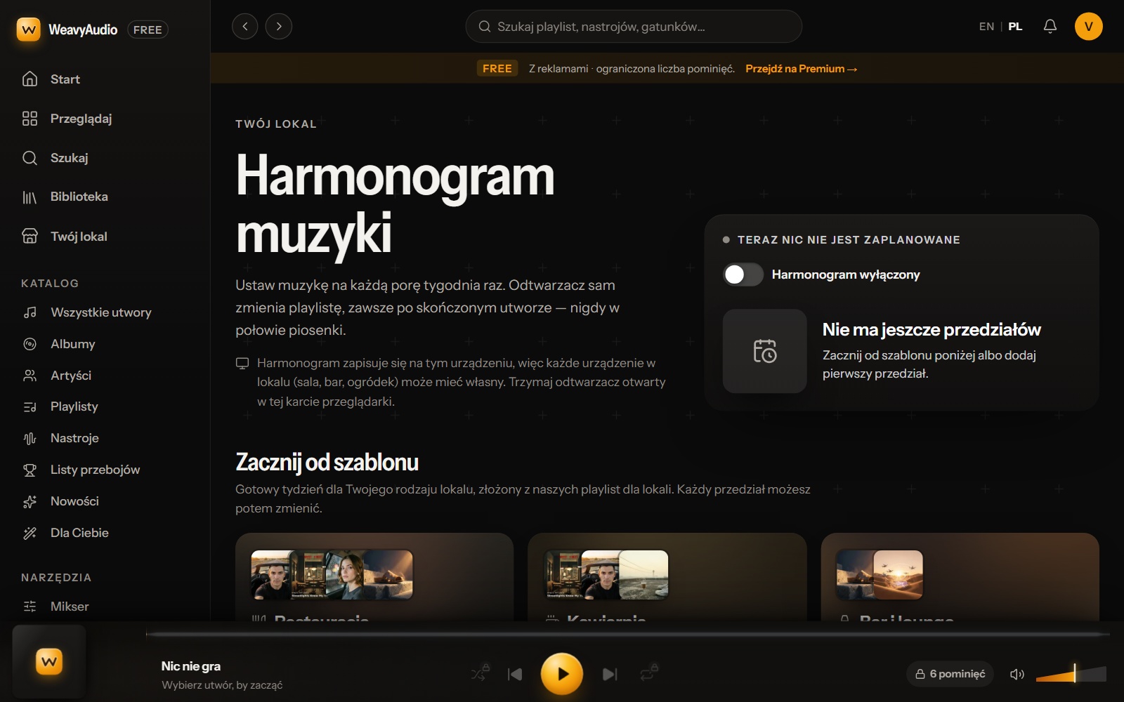 Nowy harmonogram muzyki w WeavyAudio z kartą statusu i szablonami Restauracja, Kawiarnia, Bar i lounge