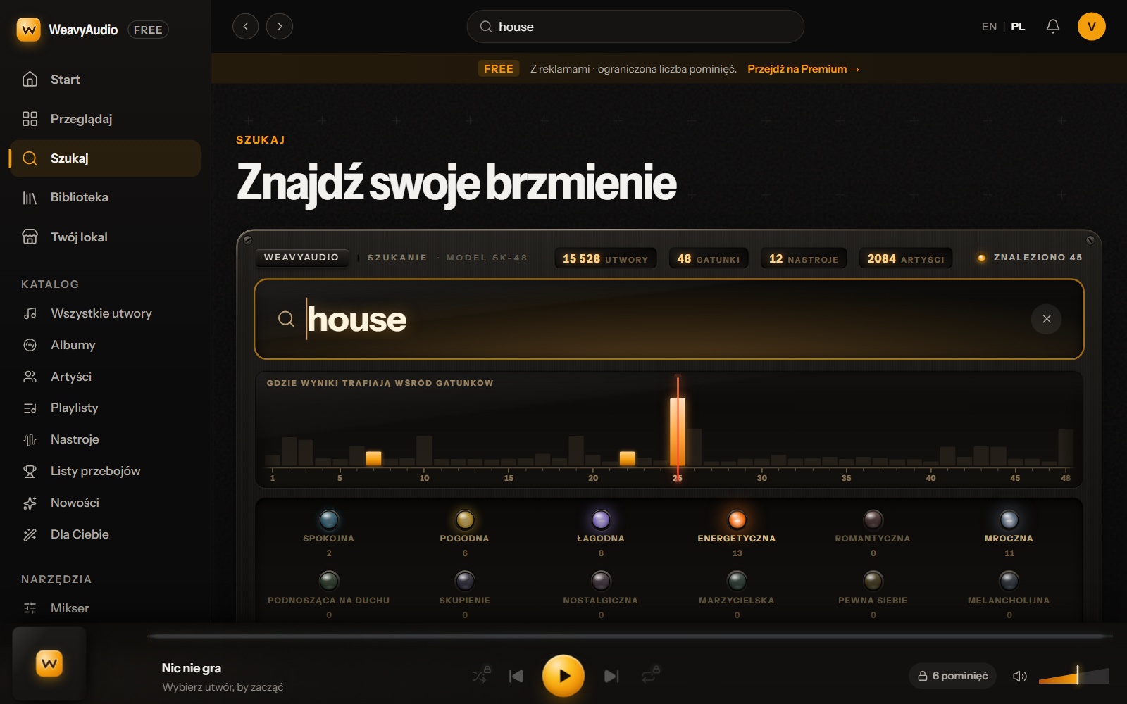 Nowa wyszukiwarka WeavyAudio z frazą house, skalą gatunków i lampkami nastrojów