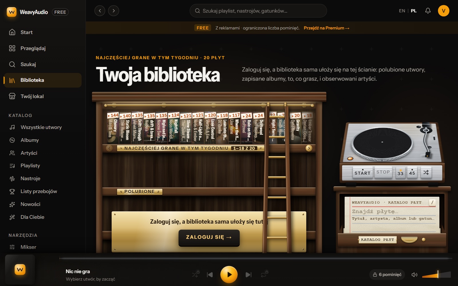 Nowa biblioteka WeavyAudio jako drewniany regał z płytami, gramofonem i szufladą katalogu płyt